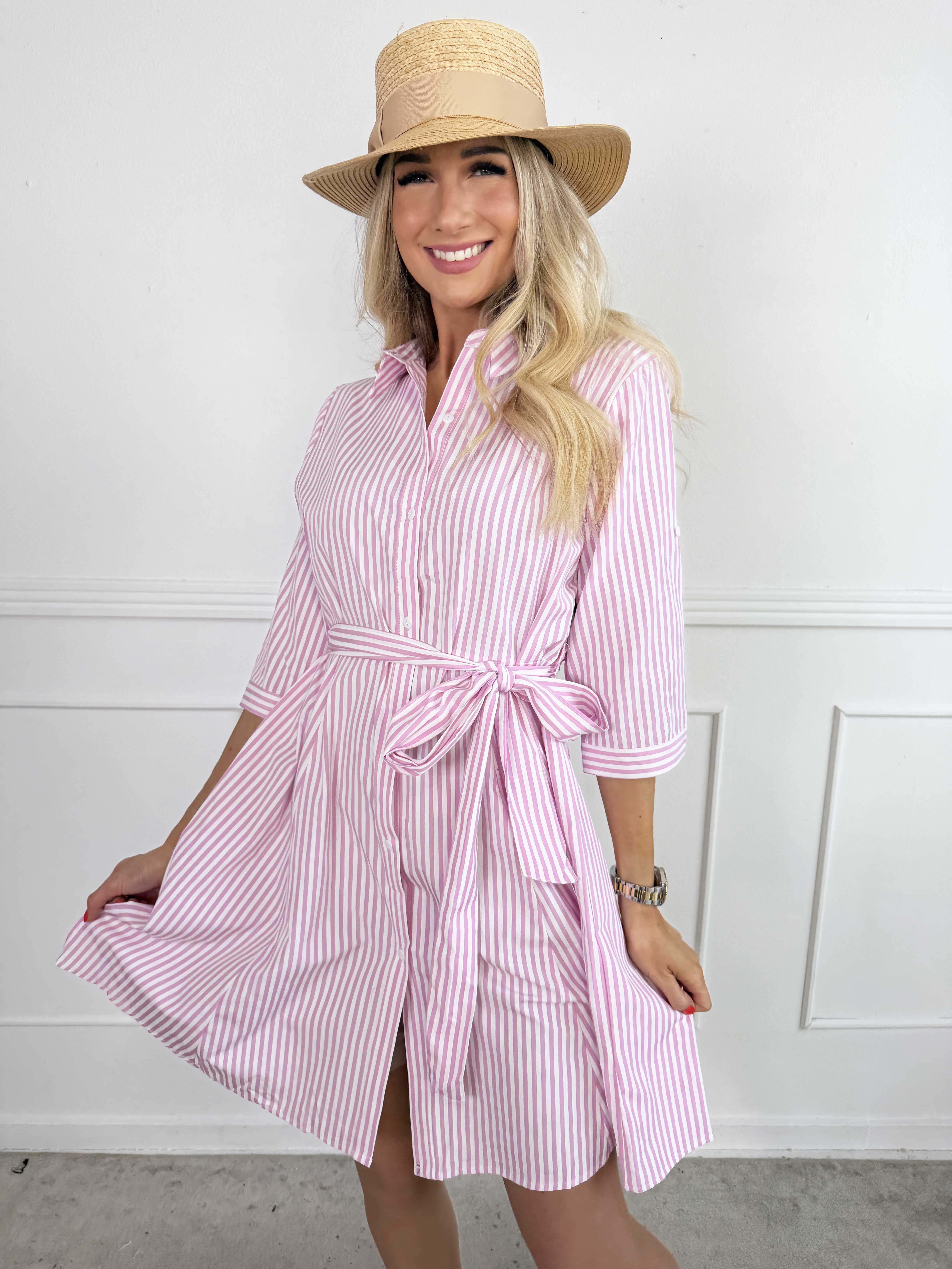 Hilma - Stribet skjortekjole i a-facon med bindebånd i livet